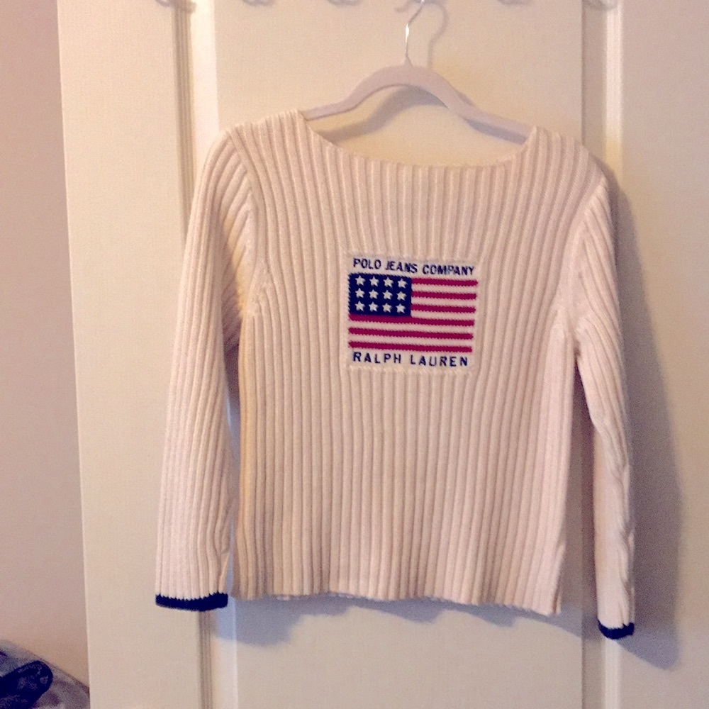 RALPH LAUREN. Polo Jeans Co. /  100 % Cotton Sweater Tan, w/ Red and Blue - Picture 2 of 6